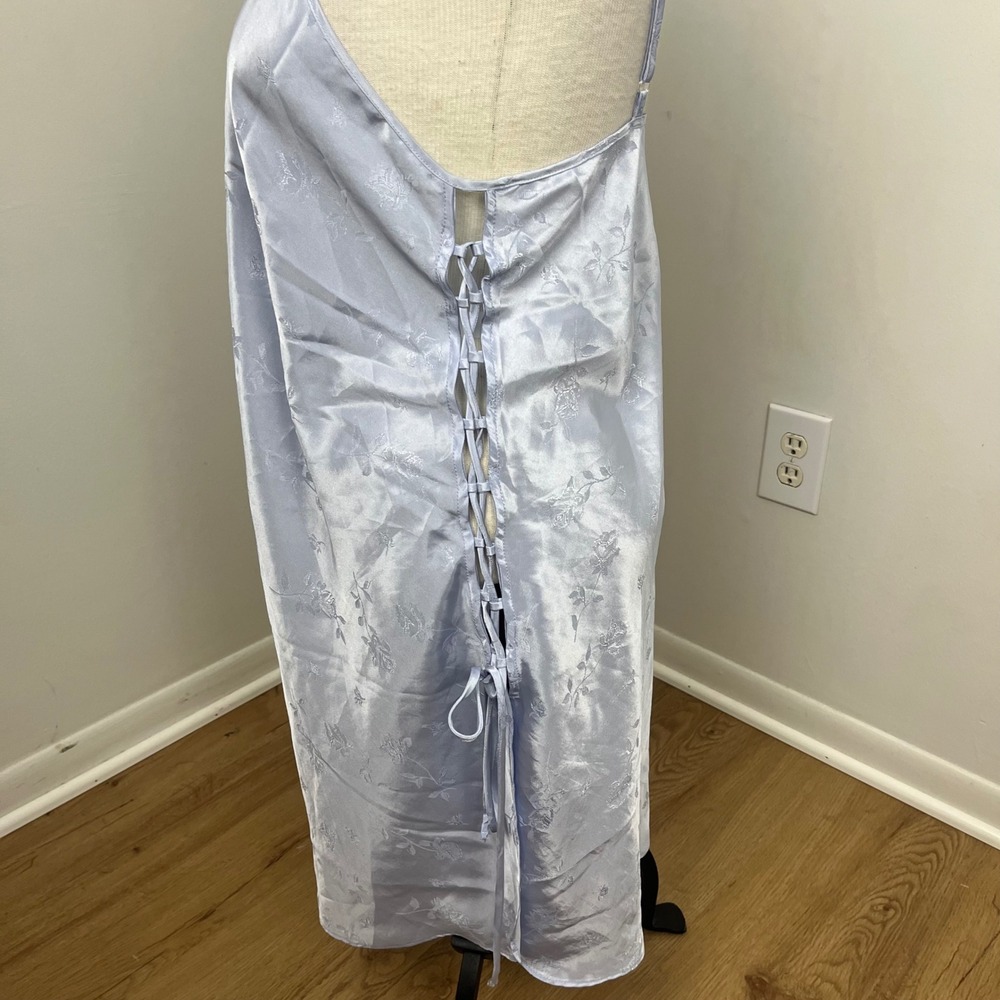Vintage Coquette Slip Dress Women Large Blue Floral Open Side Lace Up Satin